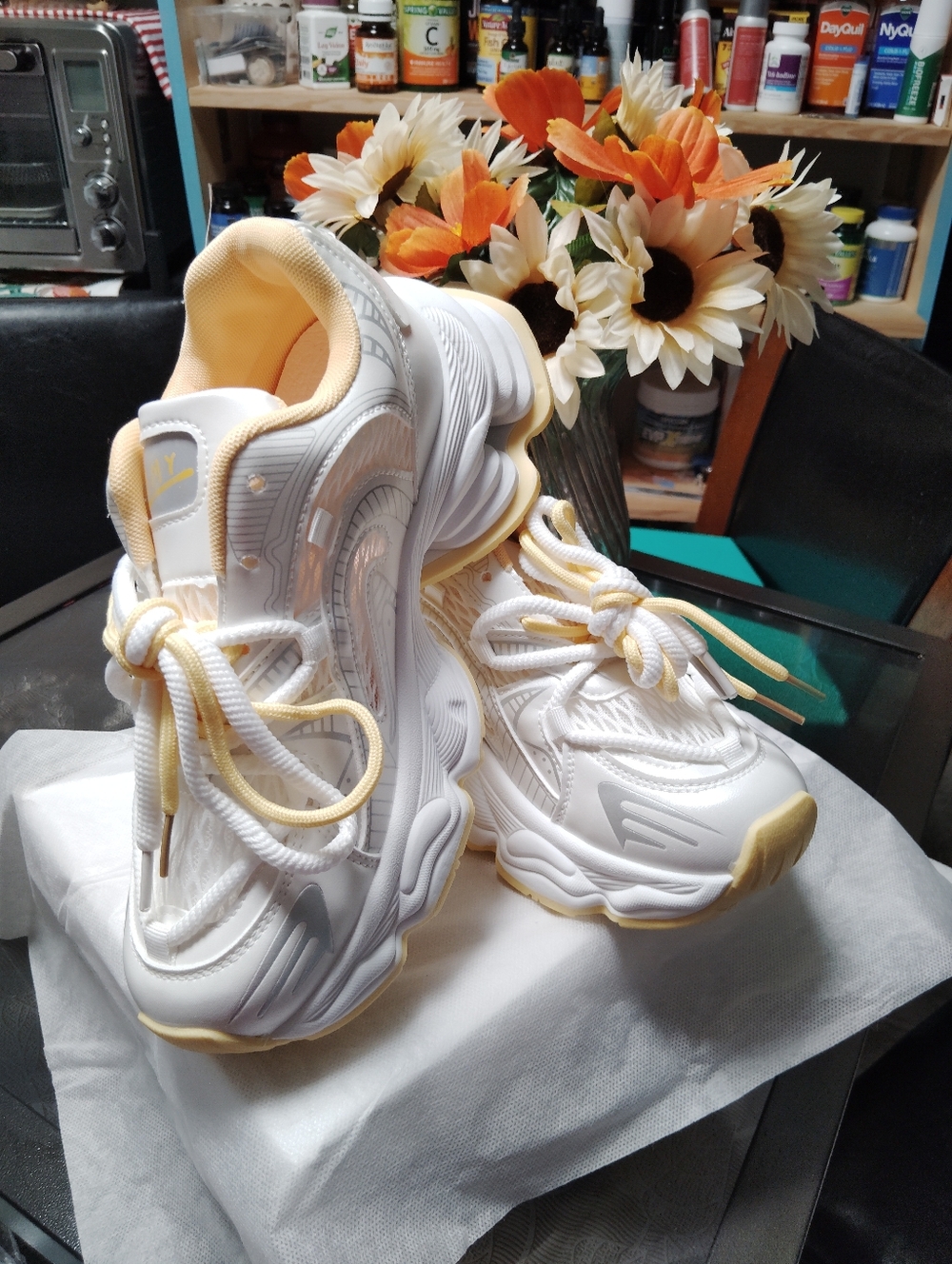 White & Yellow Platform Athletic Sneakers - Women's - Picture 5 of 8